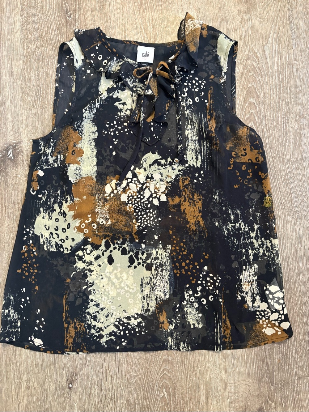 CAbi Black Abstract Print Tie-Neck Sleeveless Top